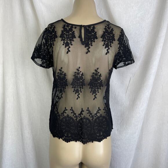 Black Sheer Mesh Knit Lace T Shirt Scalloped Hem Forever 21 Size Small - Picture 5 of 16